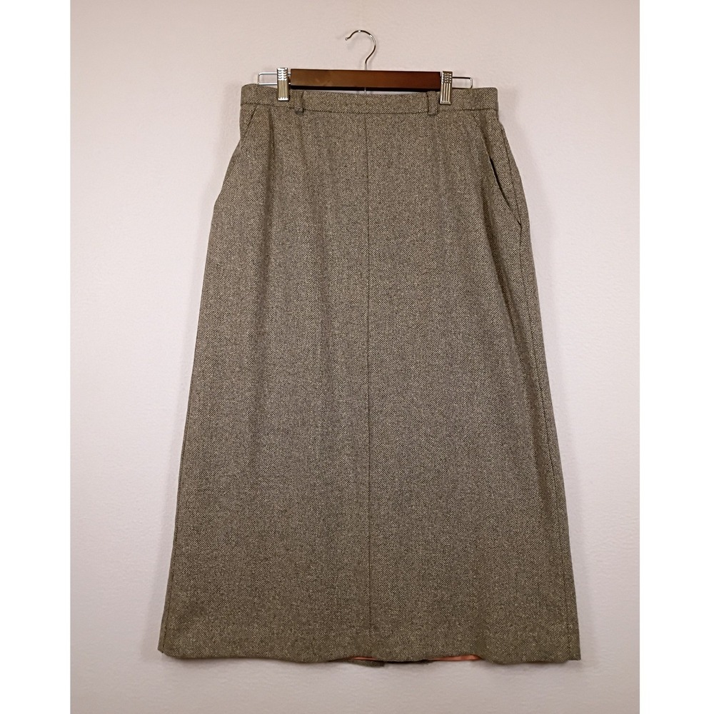 Dark Academia David Brooks Womens 14 Brown Wool Blend Tweed Midi Skirt Slit